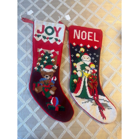 Vintage Hand-Stitched Needlepoint Christmas Stockings - Picture 1 of 5